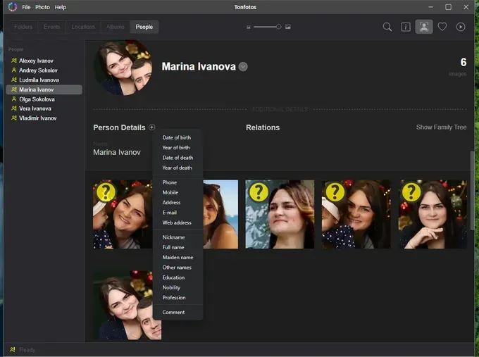 Example of a person card in Tonfotos