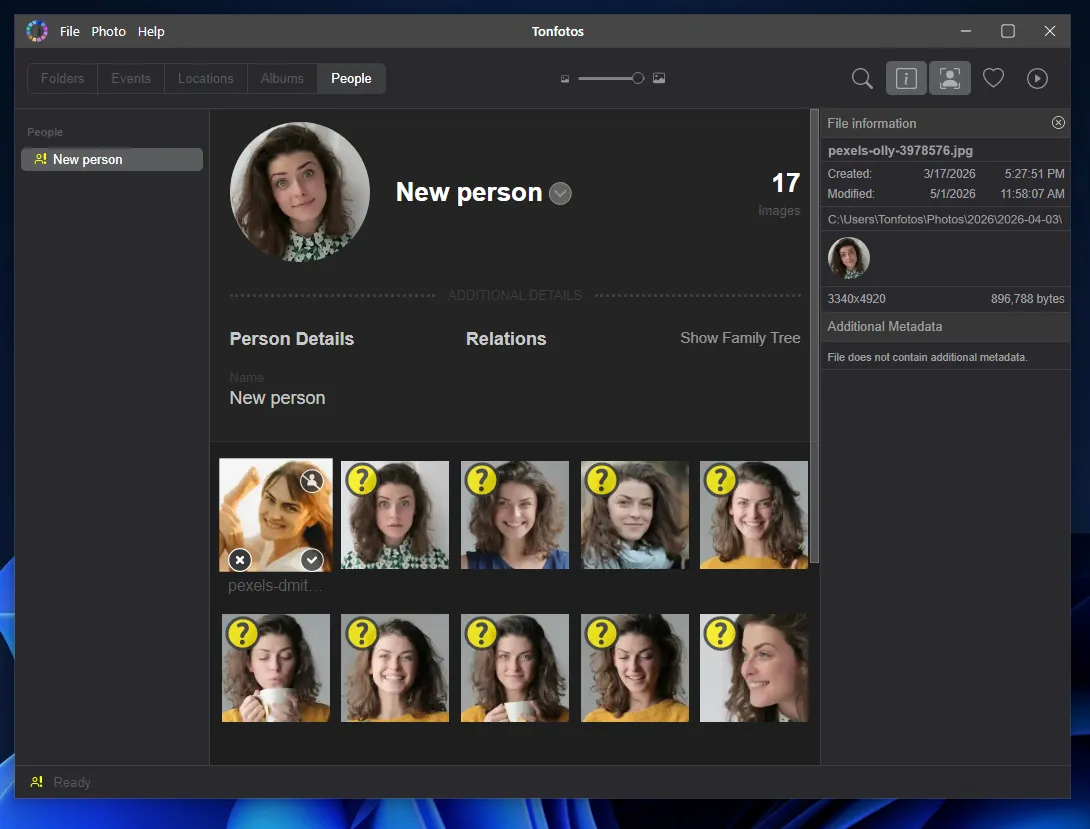 An example of grouping photos of a person in Tonfotos
