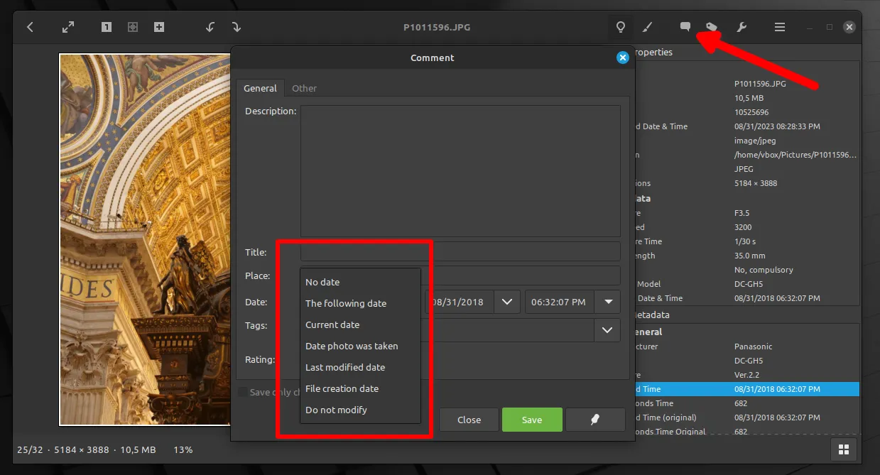 Изменяем даты фотографии в OS Linux (приложение Pix)