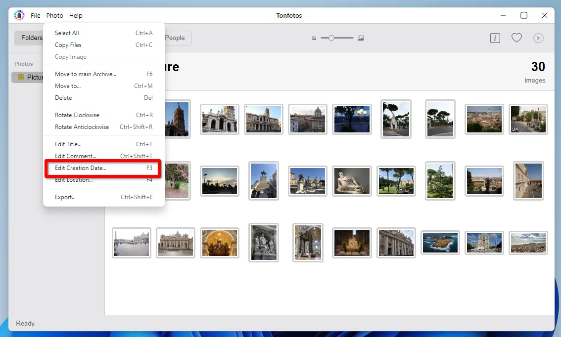 Выбираем через меню функцию установки даты съемки фотографии