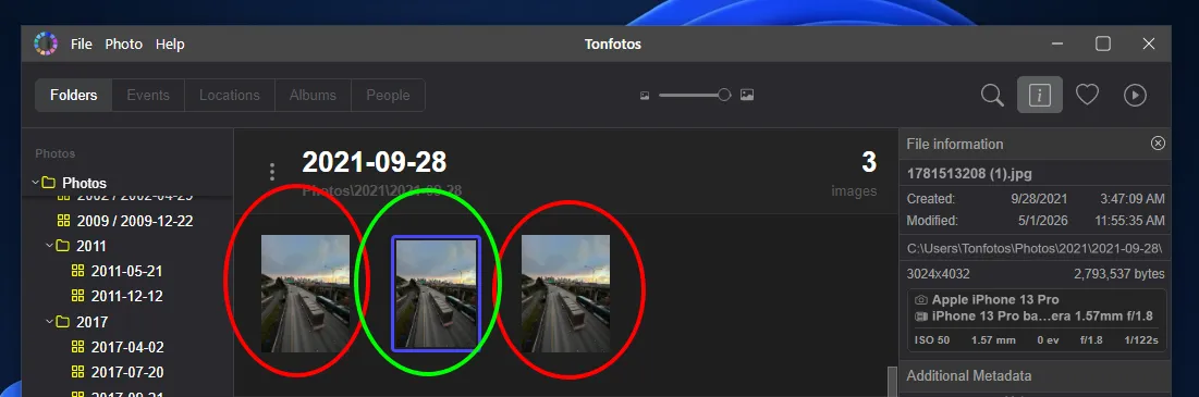 An example of the duplicate photo detection algorithm in Tonfotos