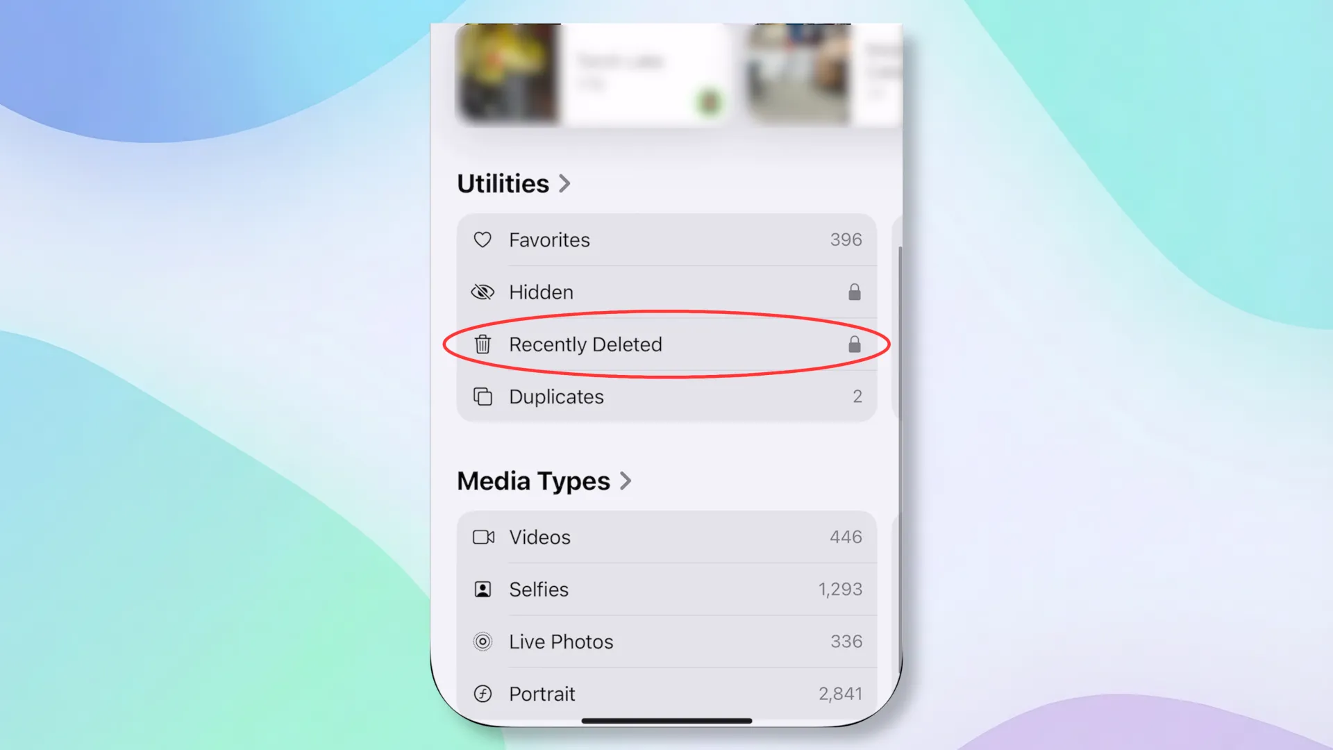 Расположение альбома «Недавно удаленные» в Photos