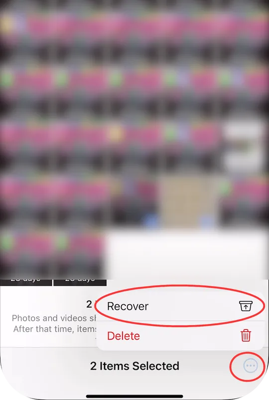 Dialog menu for restoring photos in Photos on iPhone