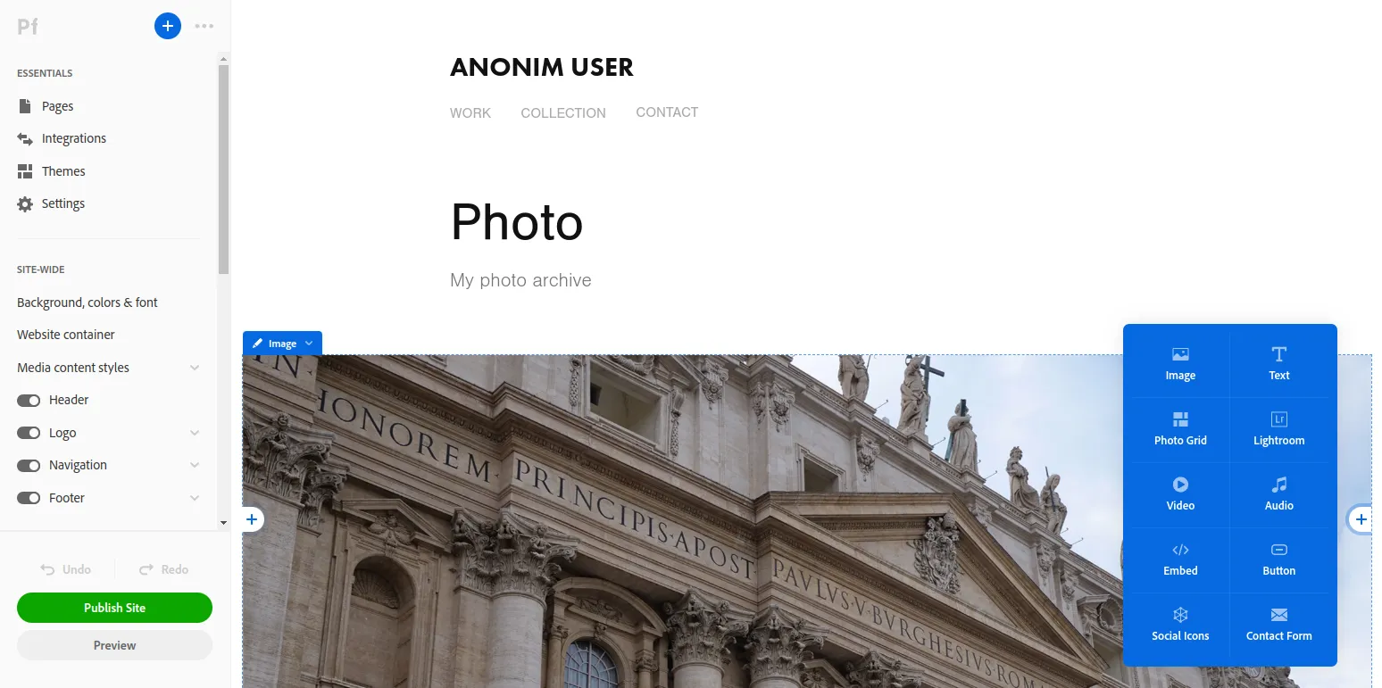 Control panel of the service for creating a photographer's portfolio Adobe Portfolio