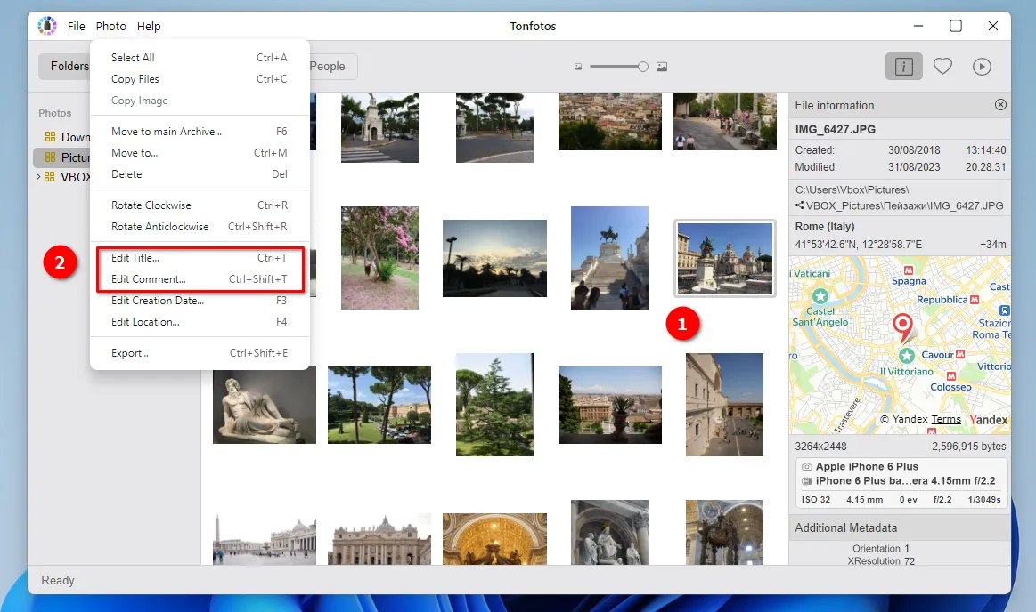 A work with Title and Comment in the Tonfotos application