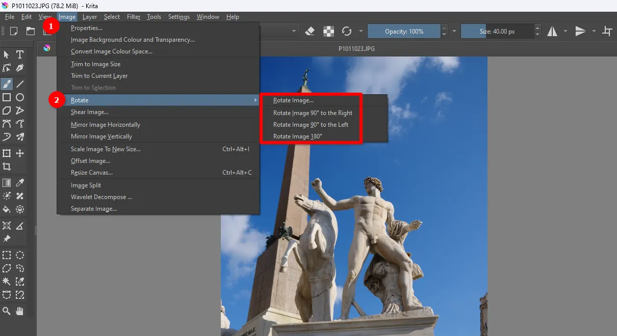 Image rotation button in Krita application under Linux