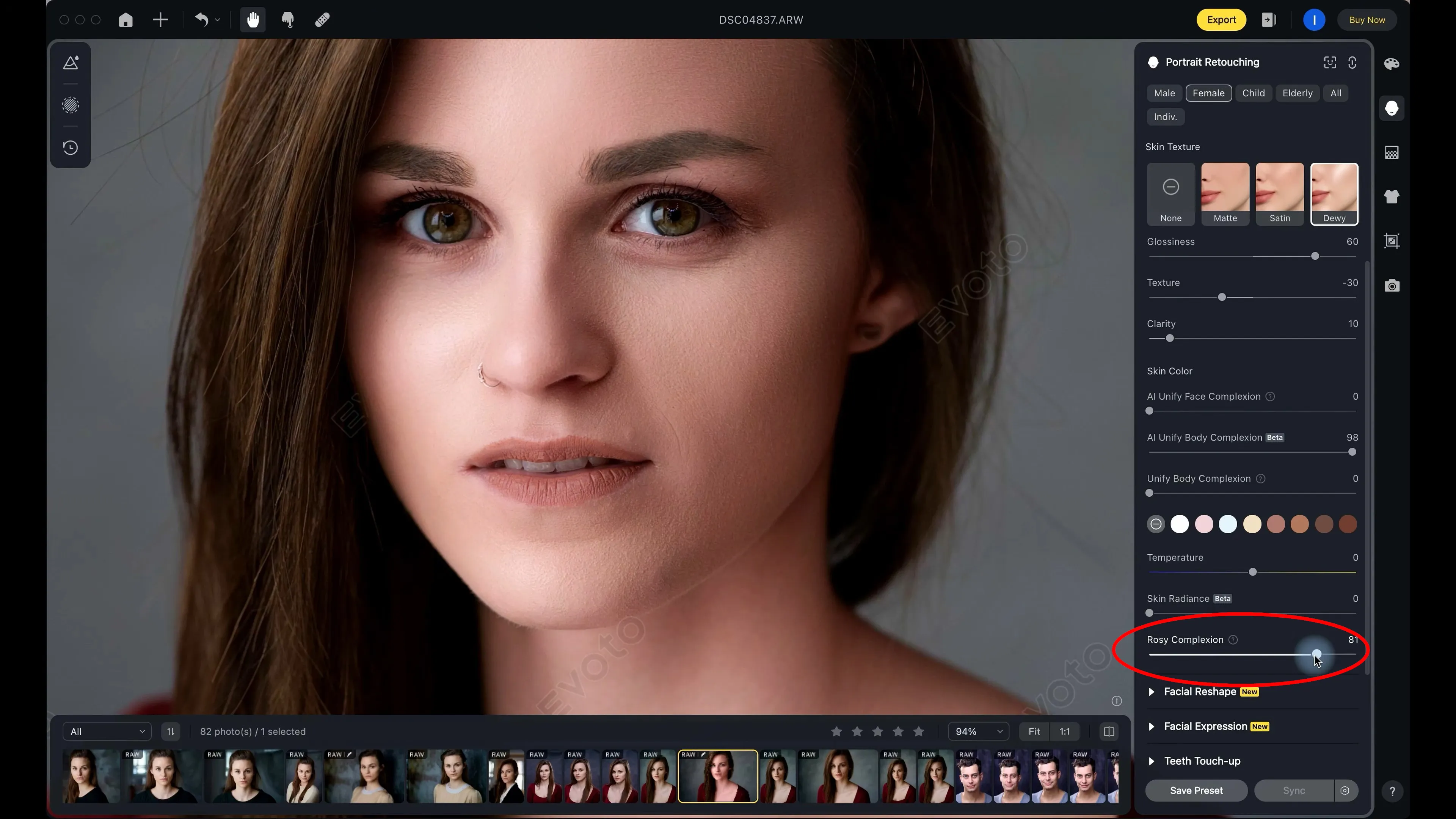 Editing skin tone in a photo with AI in Evoto AI