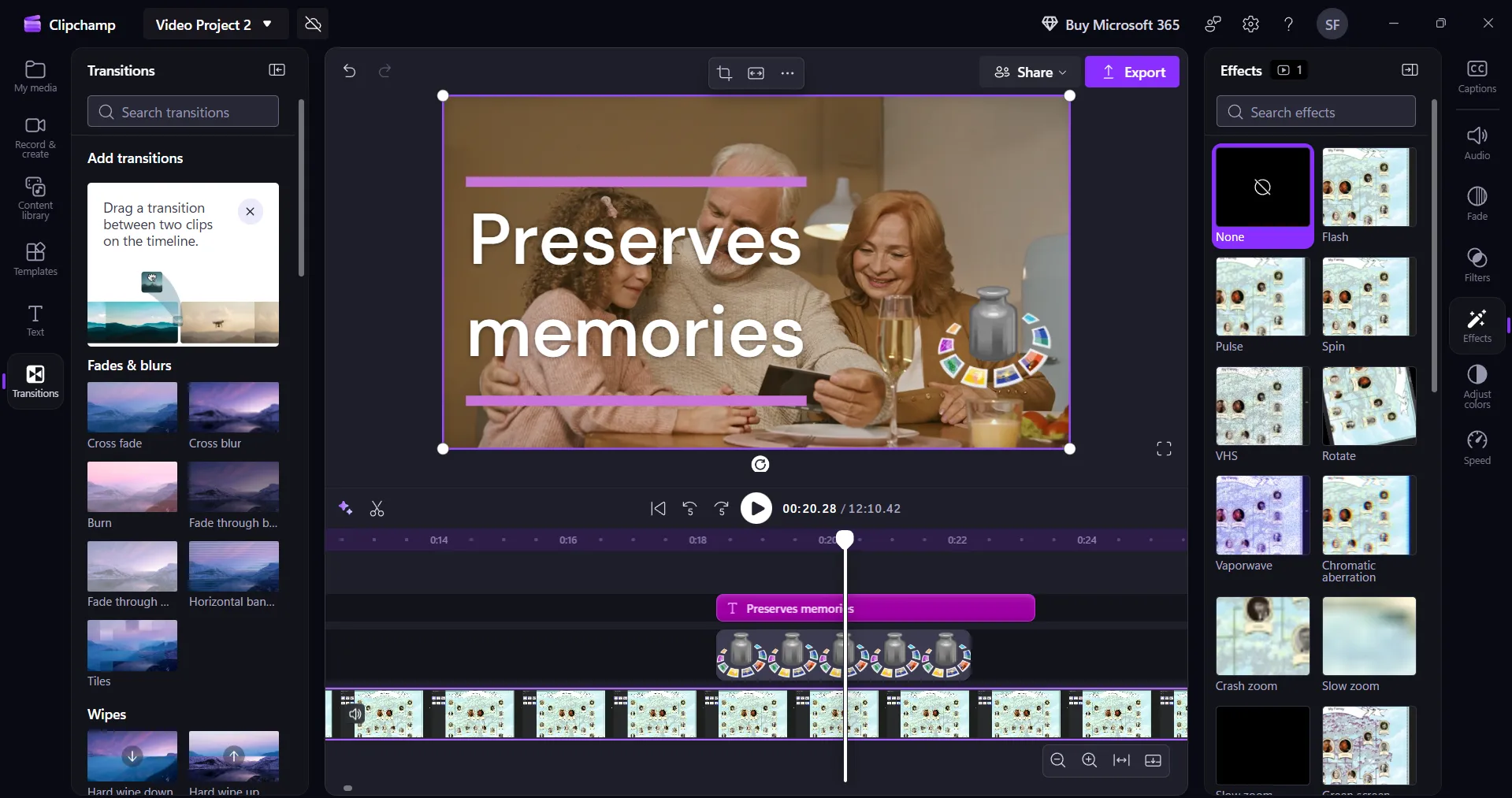 Interface et exemple d'édition dans Microsoft Clipchamp