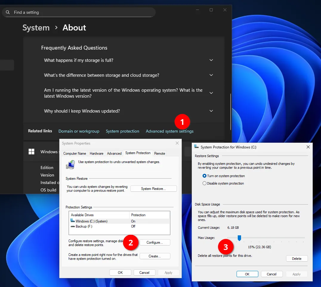 Настройка выделенного пространства для Точки восстановления