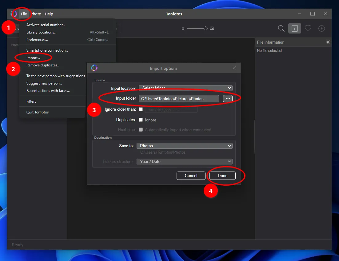 The process of importing photos into Tonfotos