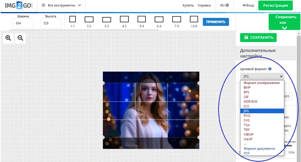 Выбор форматов для сохранения обрезанной картинки в сервисе img2go.com