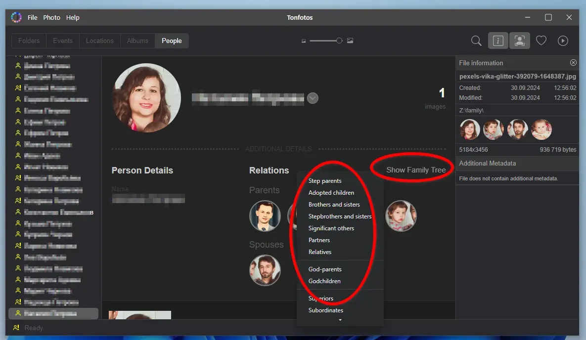 Remplir le profil d'une personne dans la section Personnes de Tonfotos