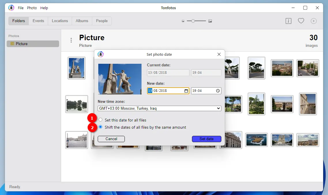 Устанавливаем новую дату для фото