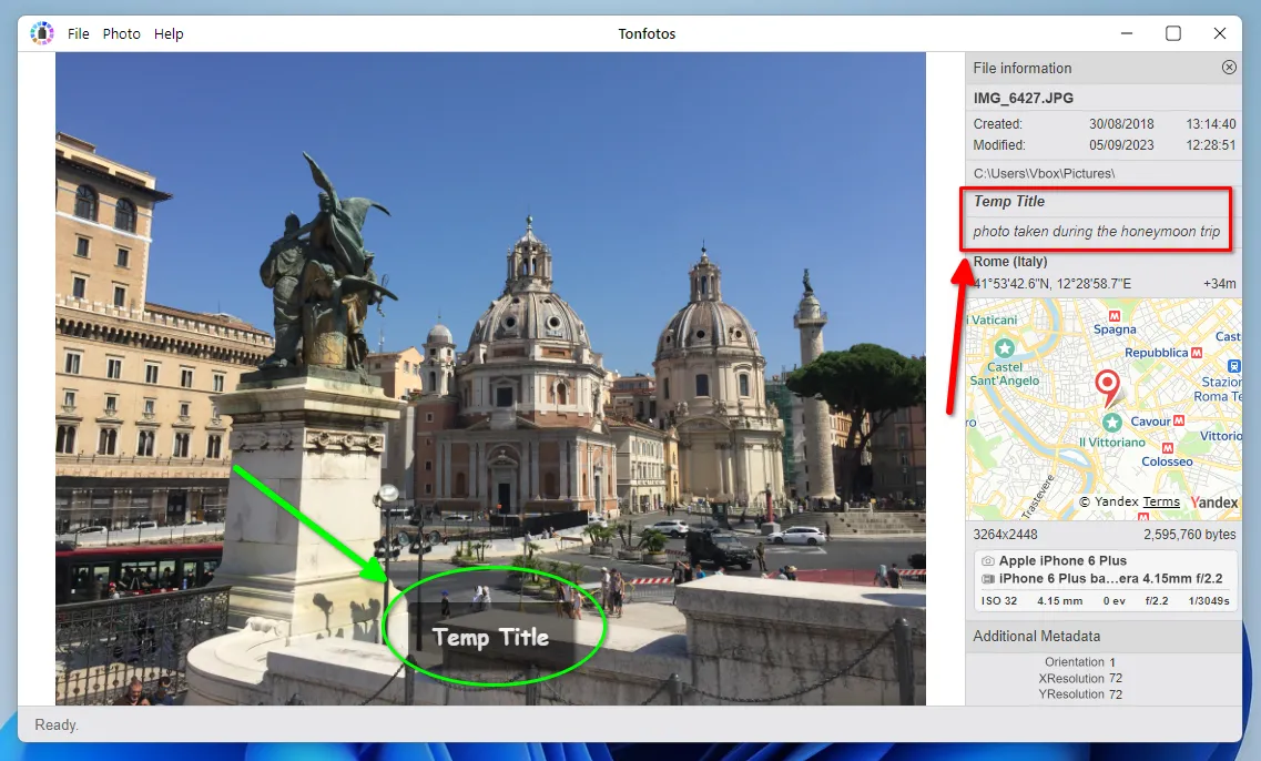 Displaying Title and Comment to a Photo in the Tonfotos App