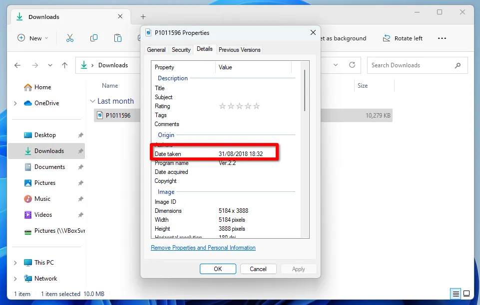 Информация о дате съемки фотографии в свойствах файла в Проводнике Windows