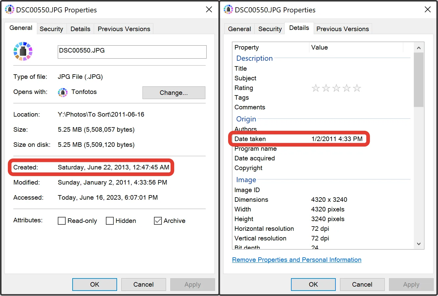 An example of a file whose creation date does not match the shooting date
