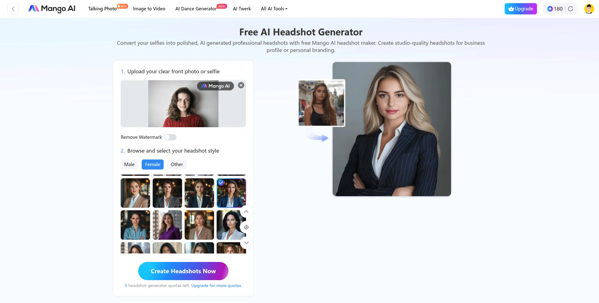 Benutzeroberfläche für die Einstellungen zur Porträtgenerierung von Mango AI