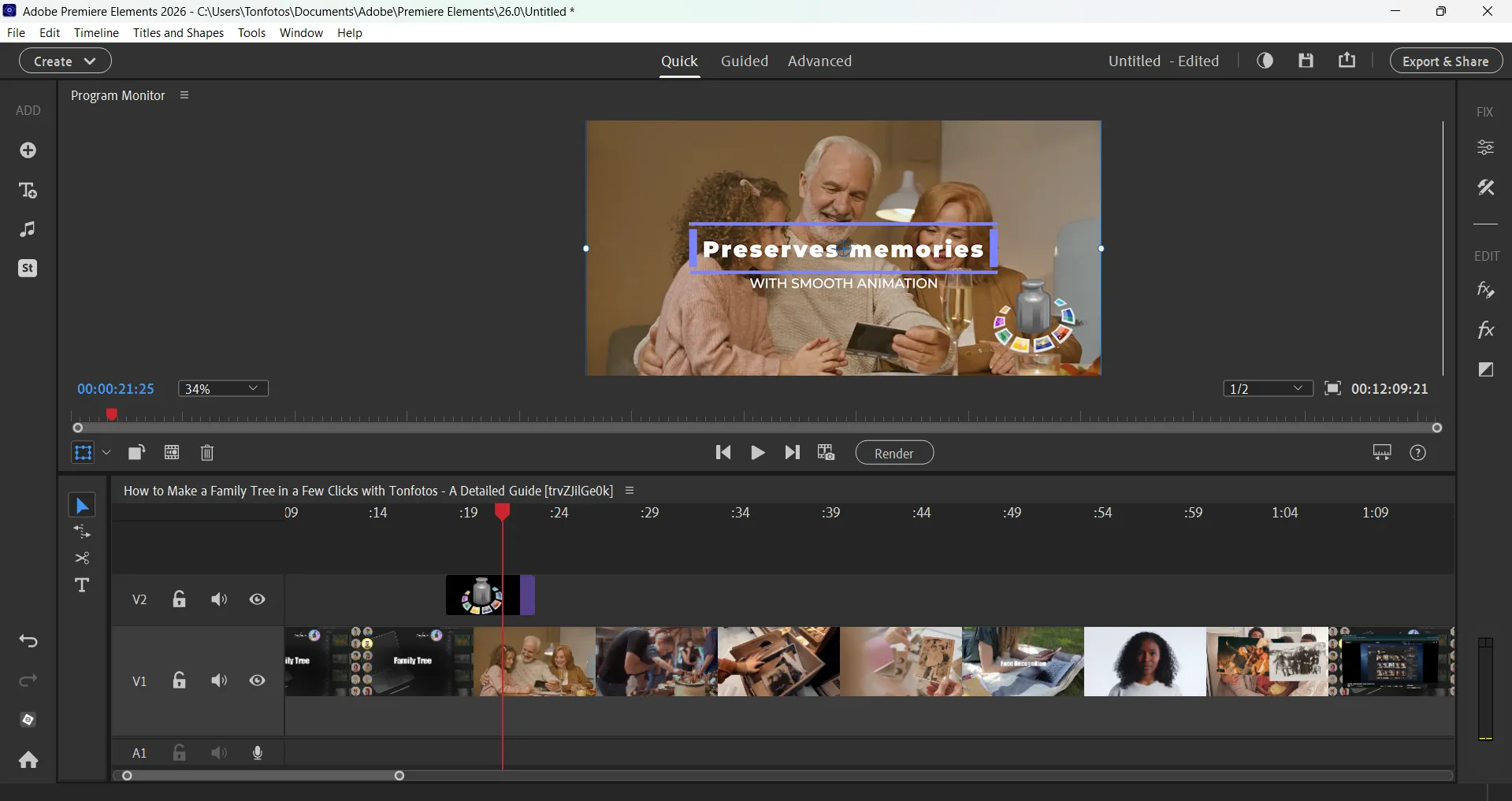 Interface Adobe Premiere Elements 2026 et exemple de workflow