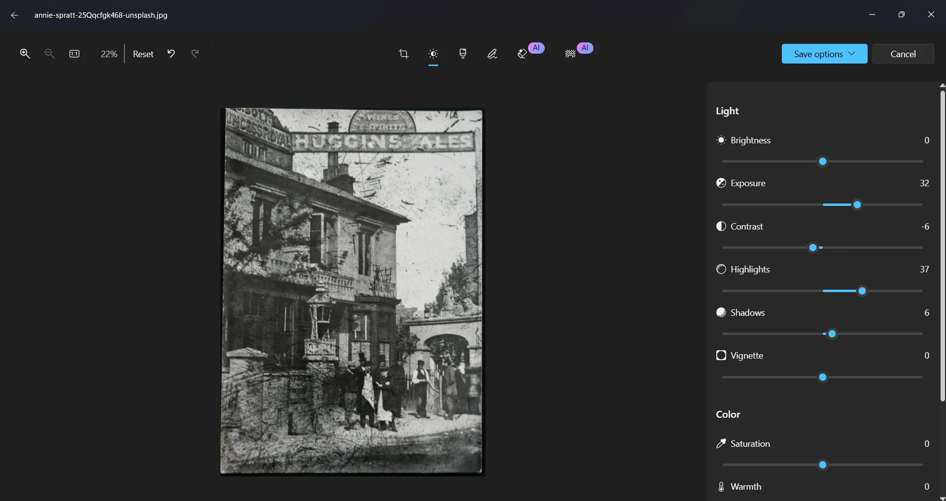 Anpassen der Beleuchtung in einem Foto in Windows Fotos