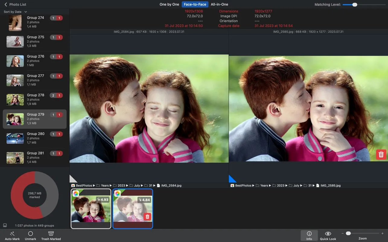 Сравнение дубликатов фотографий в интерфейсе PhotoSweeper