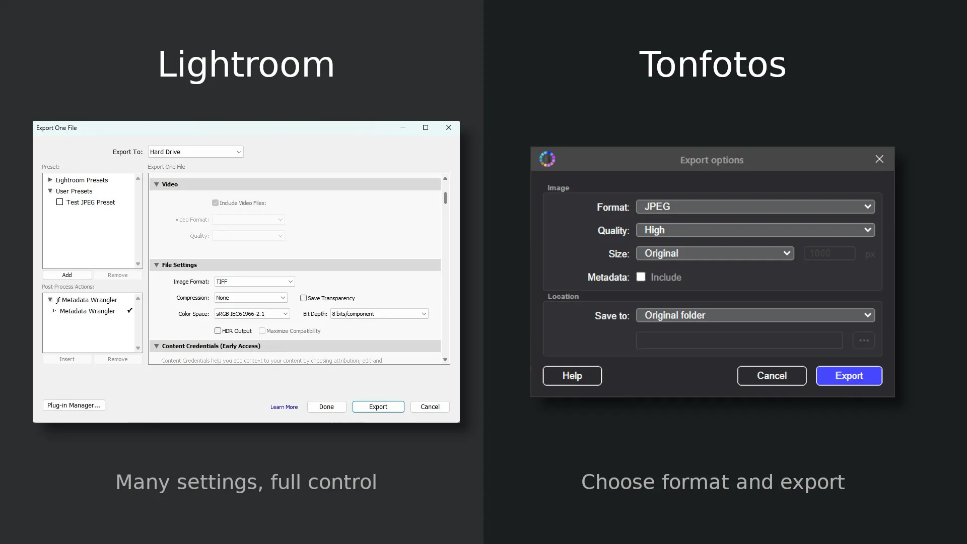 Comparison of the export/conversion interface in Lightroom and Tonfotos
