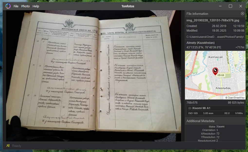 Example of displaying photo geolocation in Tonfotos.