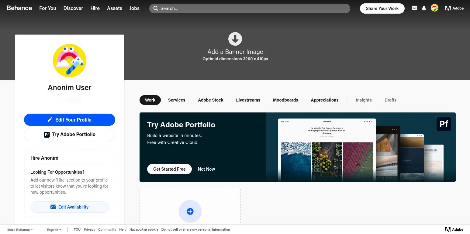 Photographer portfolio control panel on Behance