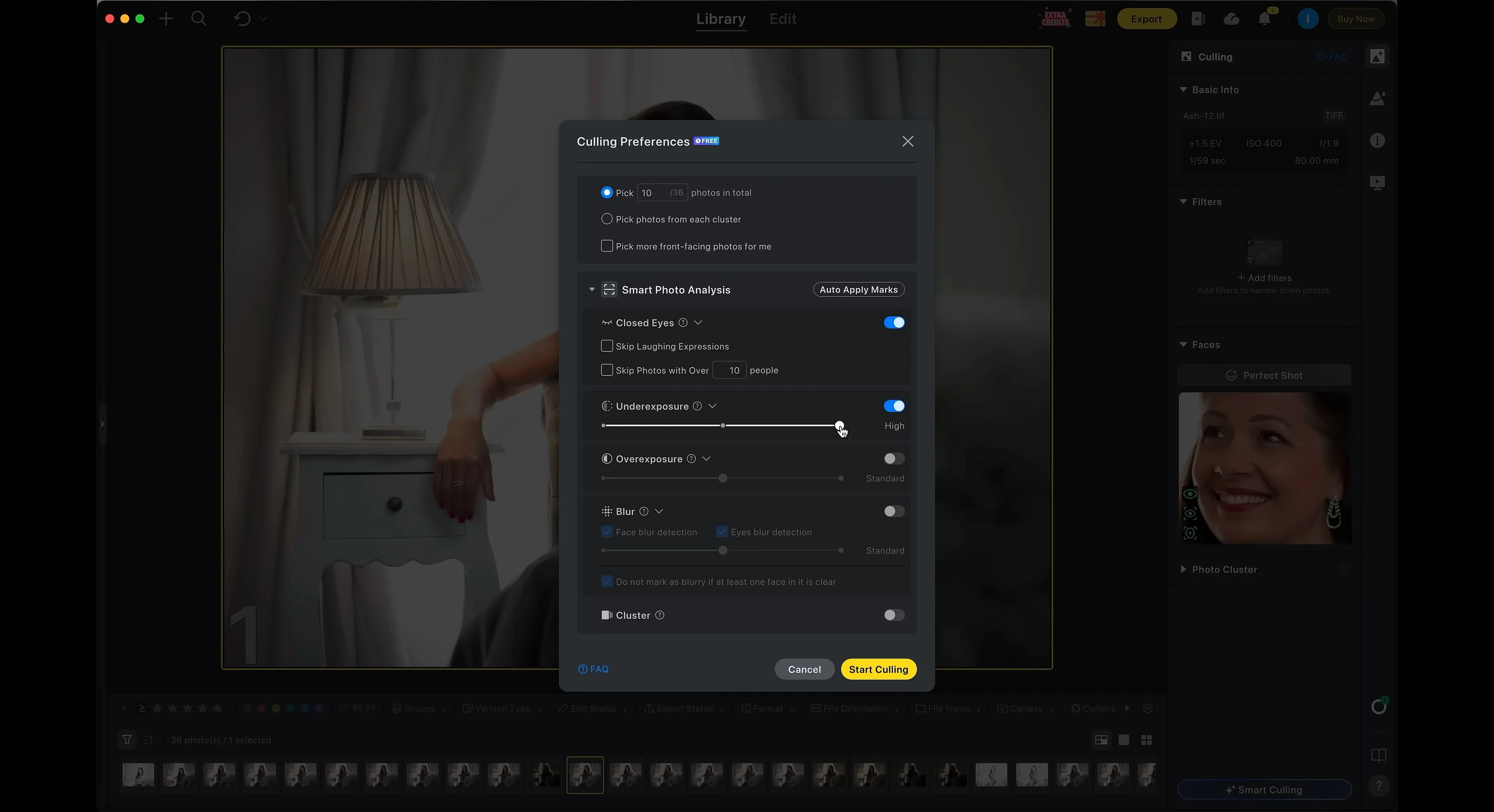 Available culling parameters in Evoto AI