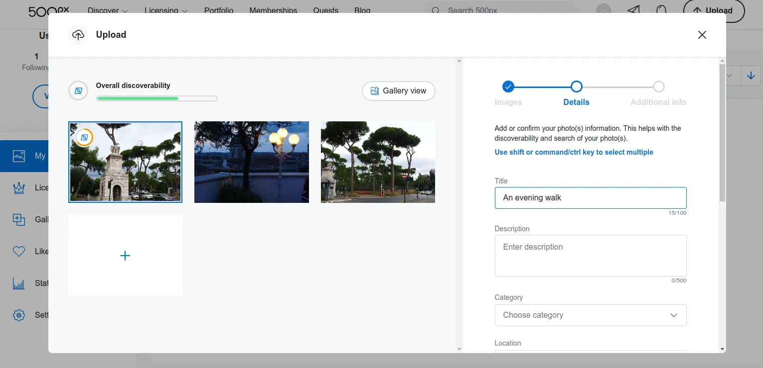 Adding photos to a photographer’s portfolio on the 500px service