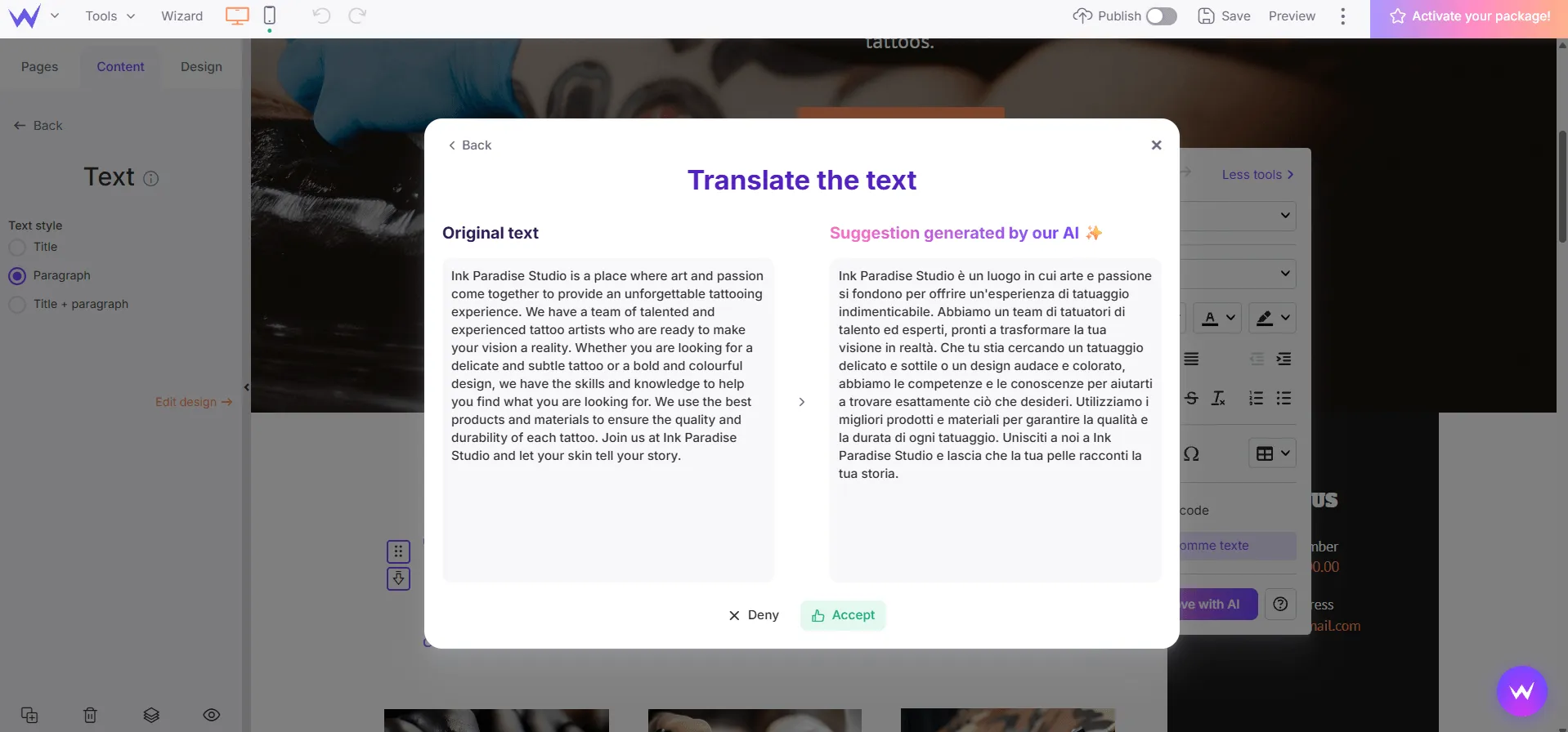 SiteW’s AI feature for one-click translation