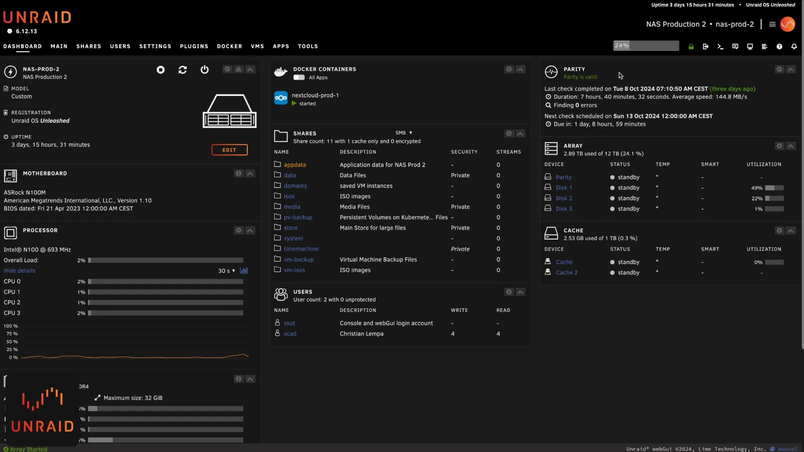 Panneau de contrôle Unraid