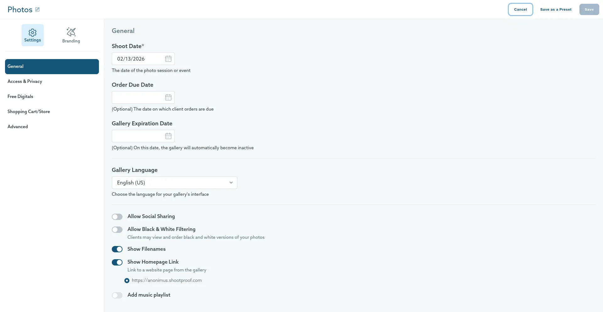 Additional ShootProof Gallery Settings