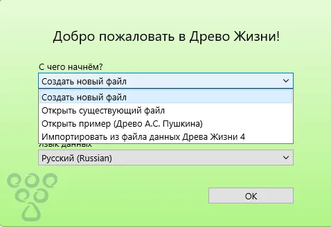 Интерфейс создания нового дерева в программе Древо Жизни