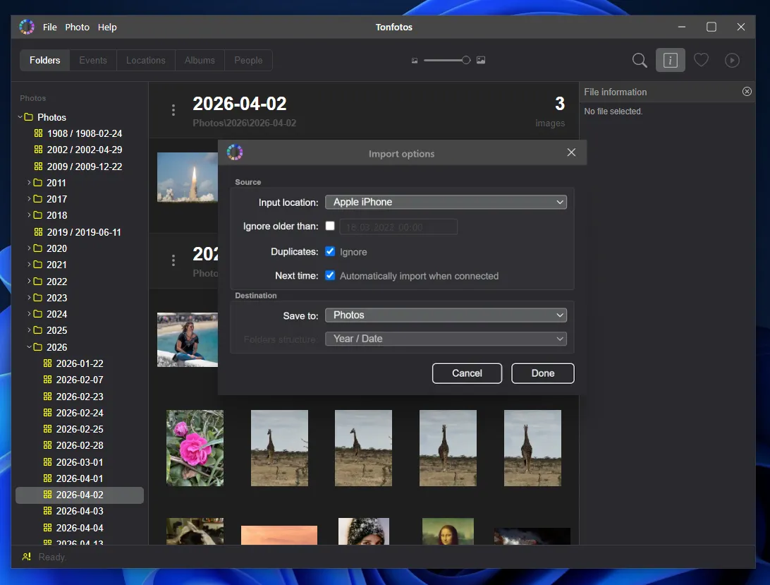 Importing photos from your phone to Tonfotos