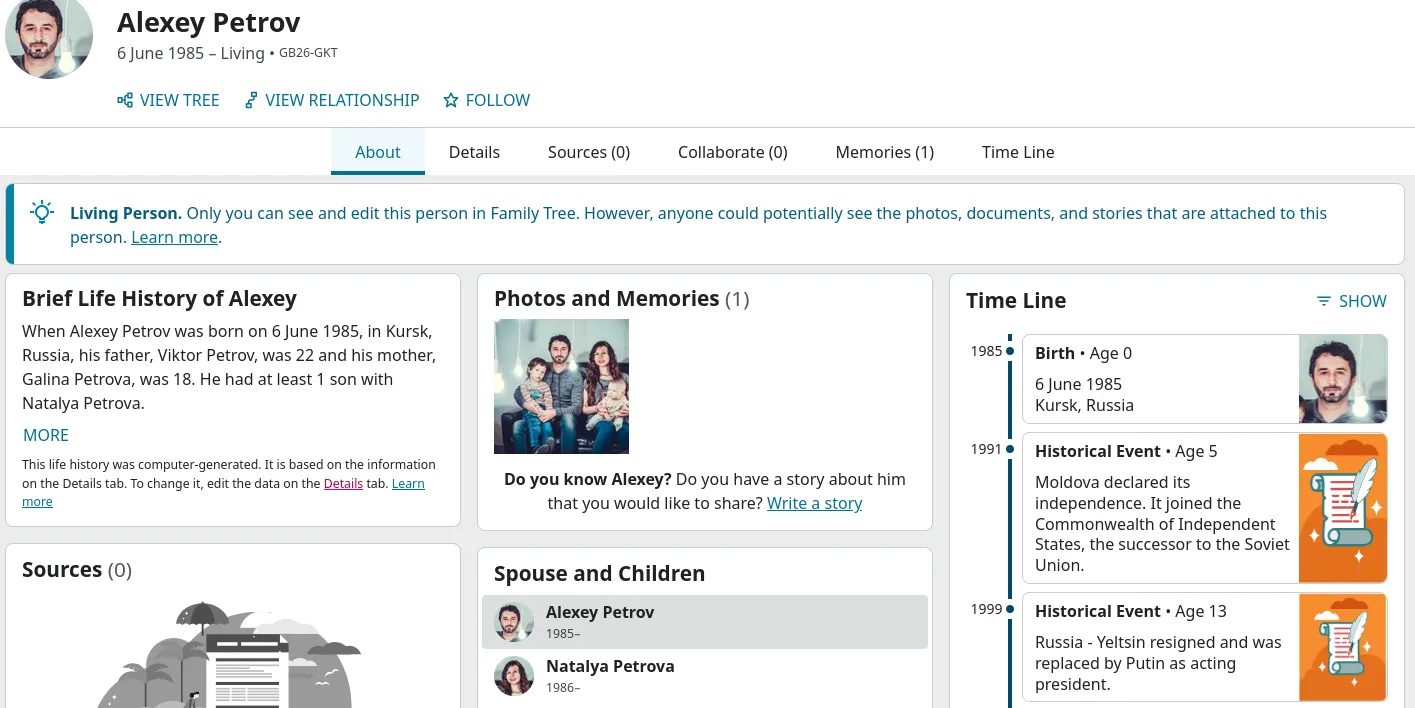 Personenprofil in FamilySearch