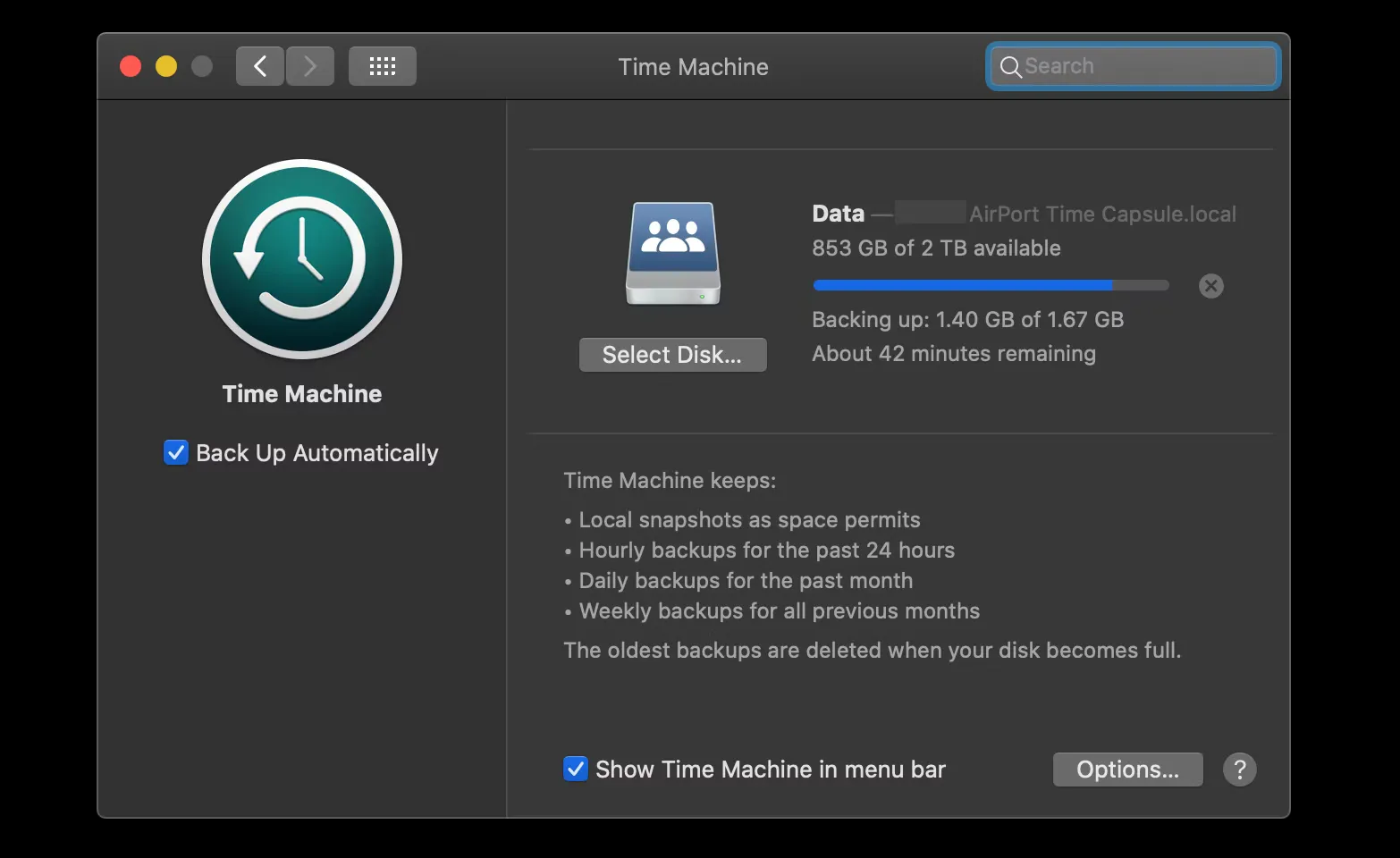 Fenêtre Time Machine pour la sauvegarde sous macOS
