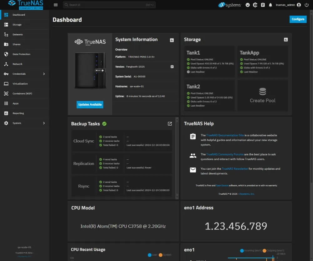 Panneau de contrôle TrueNAS
