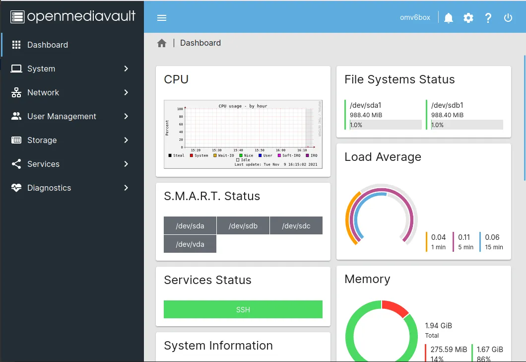 Panneau de contrôle d'un serveur NAS exécutant le système d'exploitation OpenMediaVault