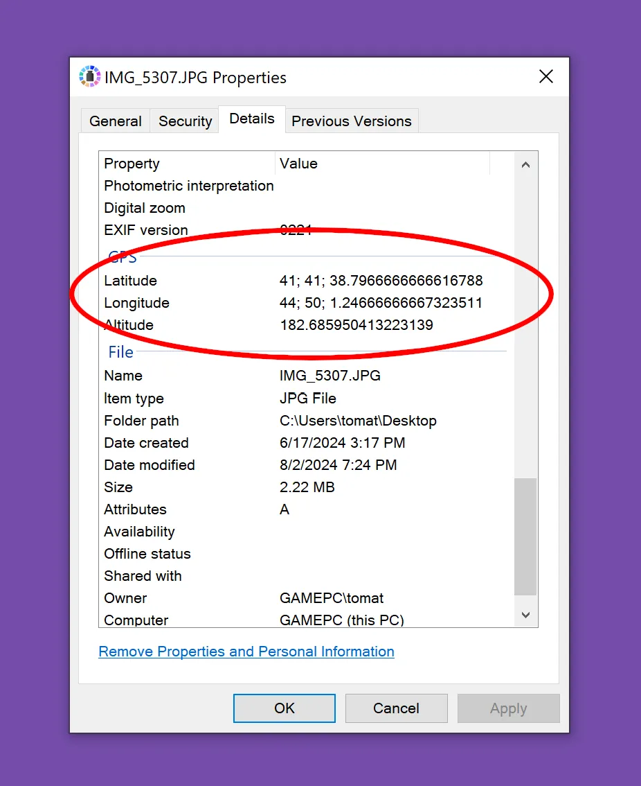 Affichage des coordonnées GPS d'un lieu sur une photo