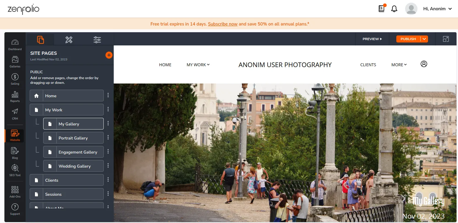 Zenfolio Photographer Portfolio Dashboard