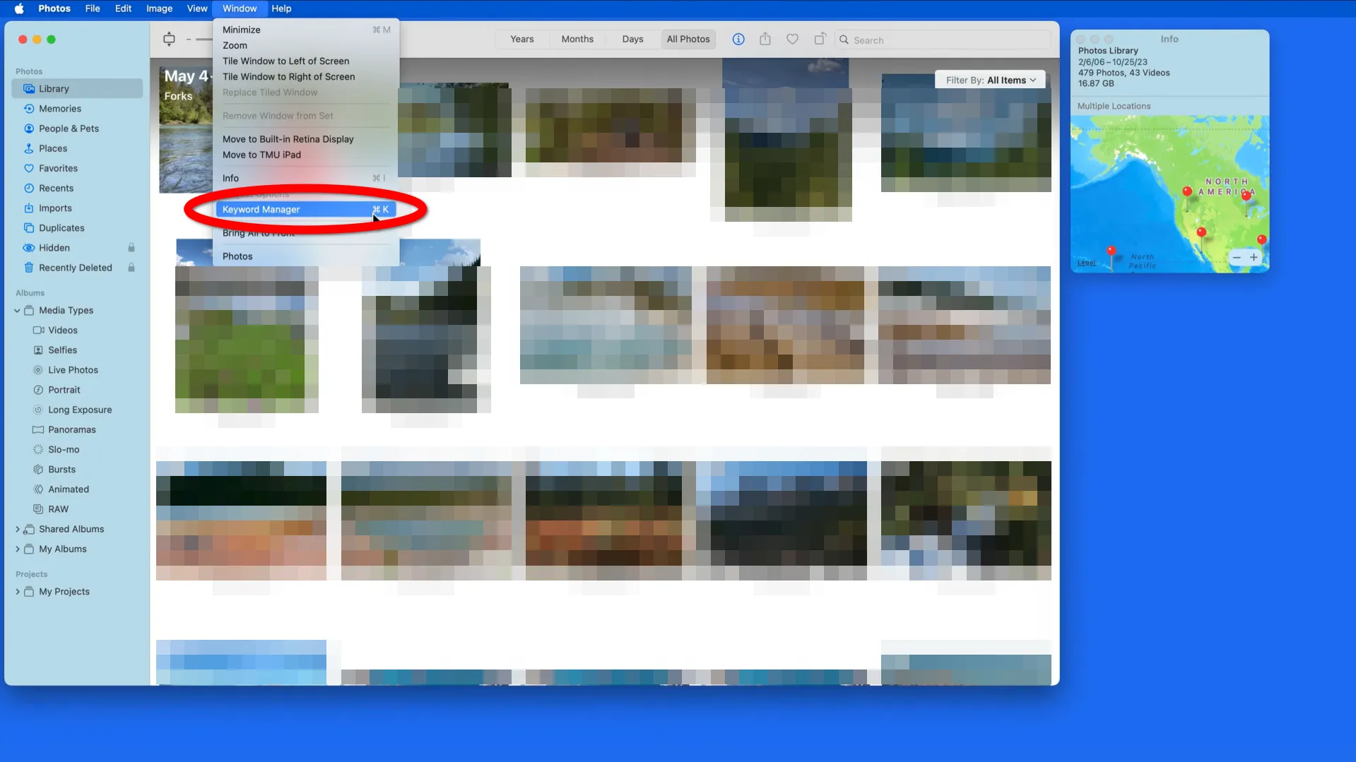 Расположение «Менеджер ключевых слов» в главном меню Apple Photos