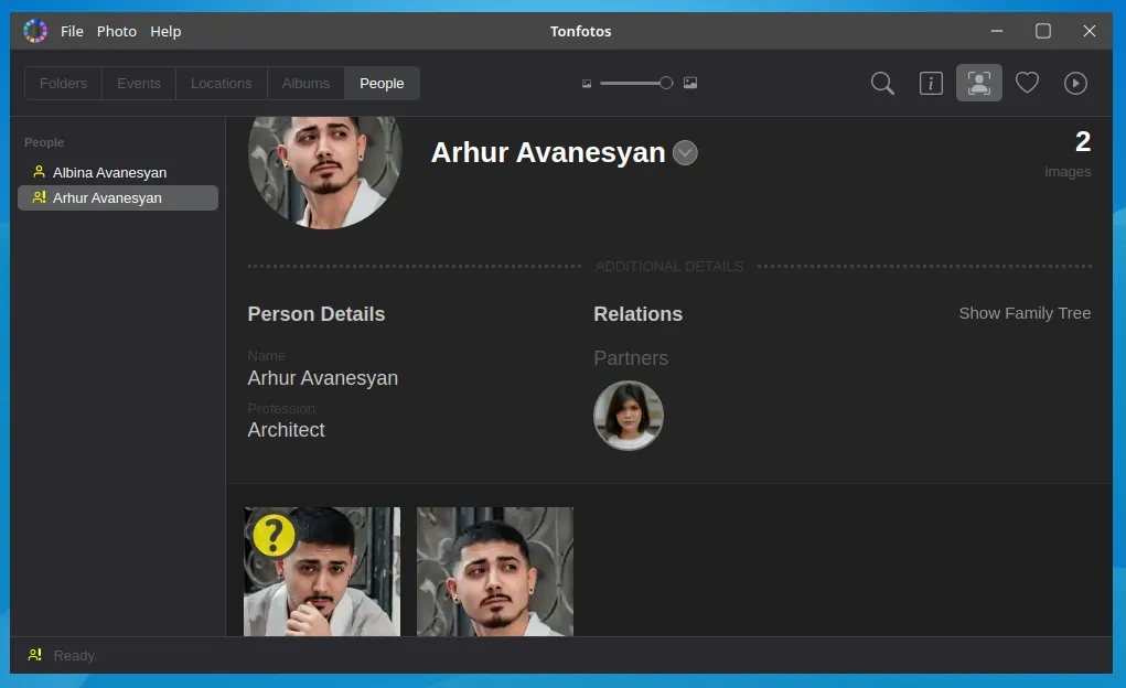 Пример создания карточки человека в Tonfotos