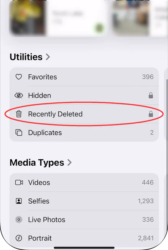 Location of the Recently Deleted album in Photos