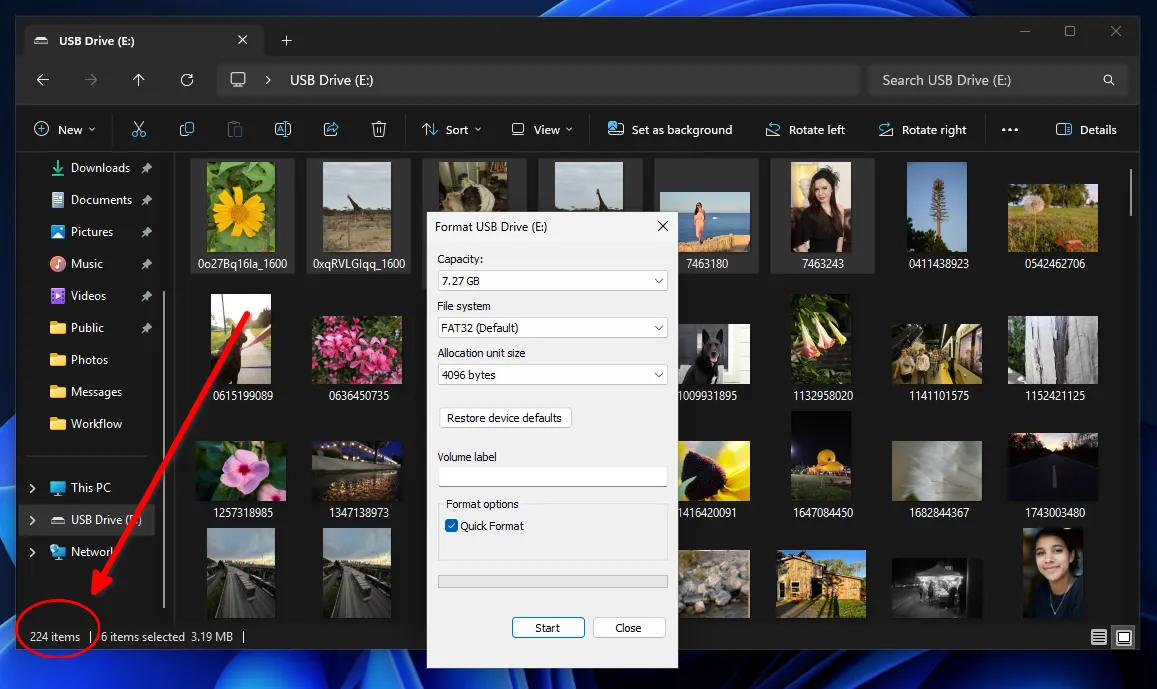 Запуск форматирования USB-флешки