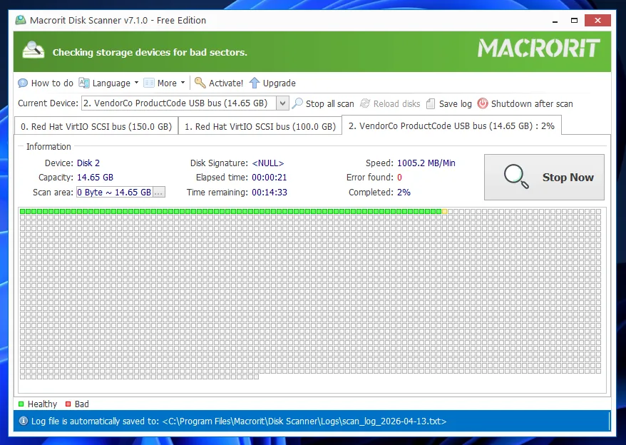 Beispiel für die Überprüfung einer externen Festplatte in Macrorit Disk Scanner