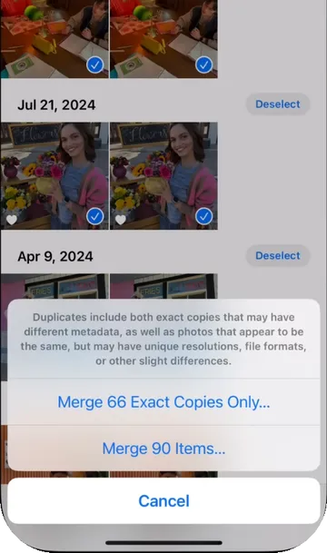 Optionen zum Zusammenführen von Duplikaten in Fotos auswählen