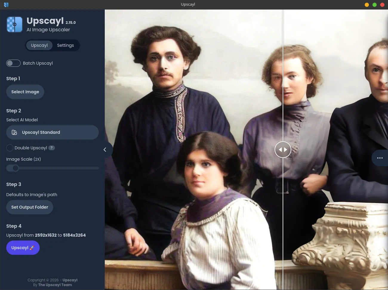 Benutzeroberfläche und Beispiel für die Fotowiederherstellung in Upscayl