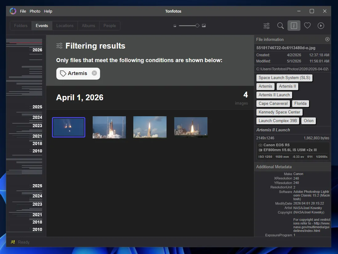 An example of displaying and searching photos by tags in Tonfotos
