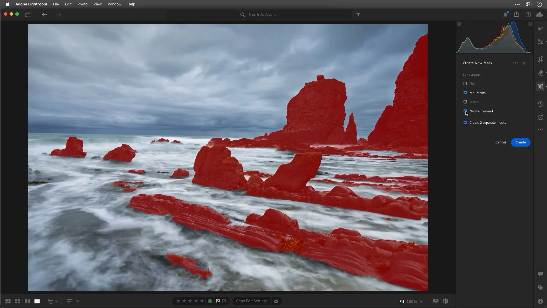 An example of smart AI mask selection in Lightroom