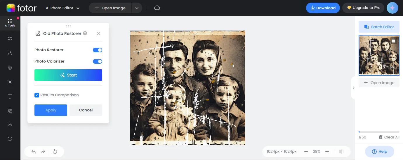 Исполнение функции реконструкции фотографий в сервисе Photo Restoration